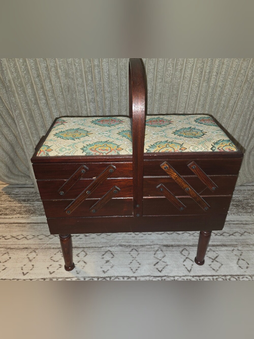 Vintage Wooden Accordion Sewing Box 3 Tier Cantilever Legs Sewing Supplies